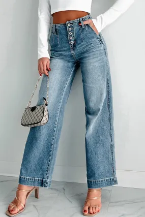 Dusk Blue Button Up Medium Wash Straight Loose Leg Jeans