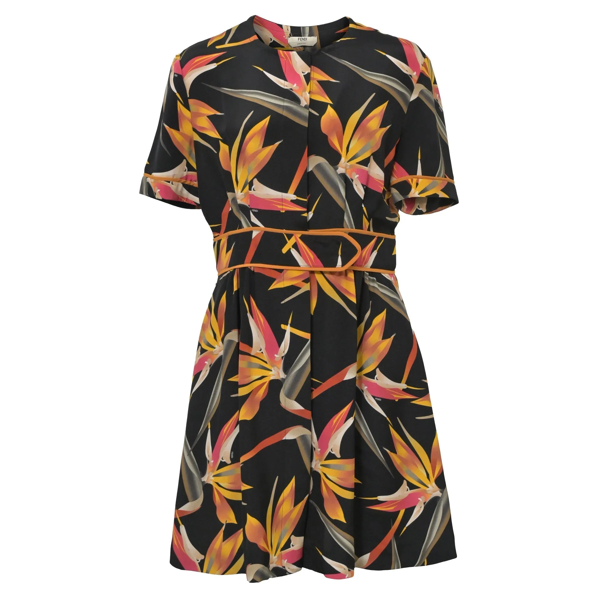 Fendi Mini Floral Printed Concealed Button Dress in Black Silk