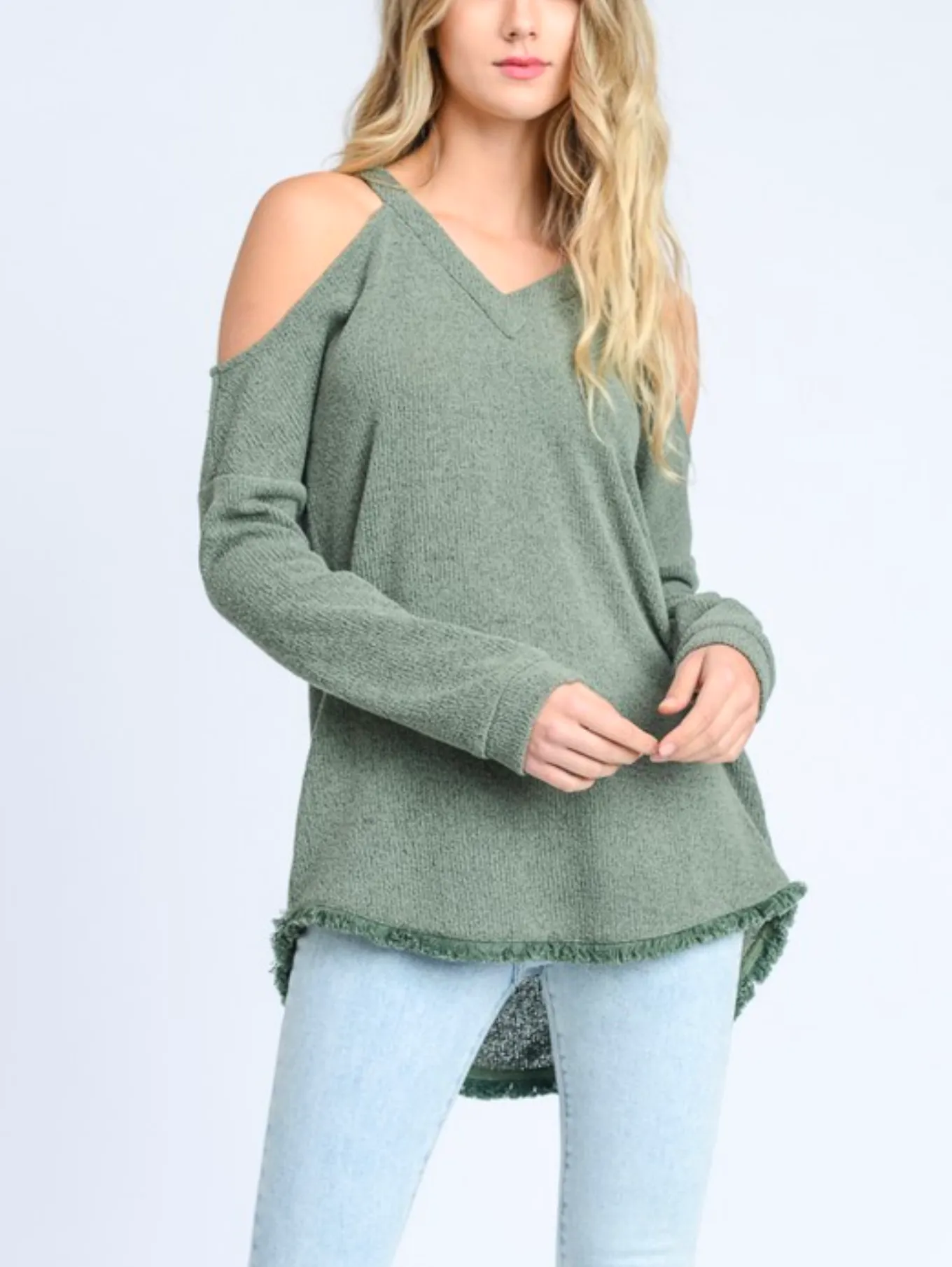 Final Sale - Cold Shoulder Knit Sweater with Frayed Hem - Green Tea