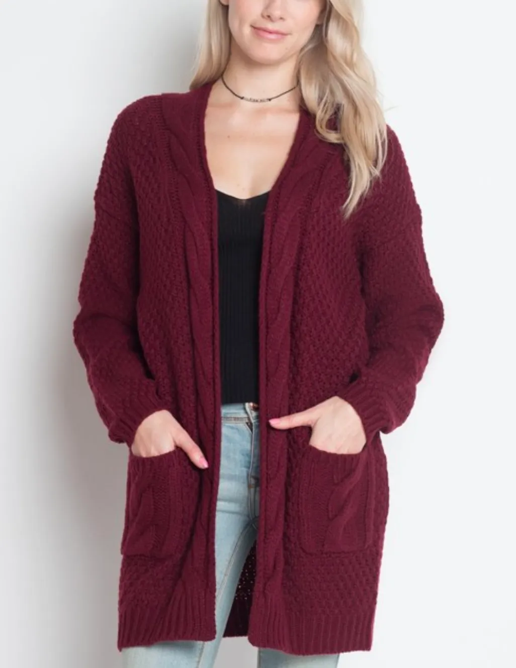 Final Sale - Dreamers by Debut Cable Knit Open Cardigan - Burgundy