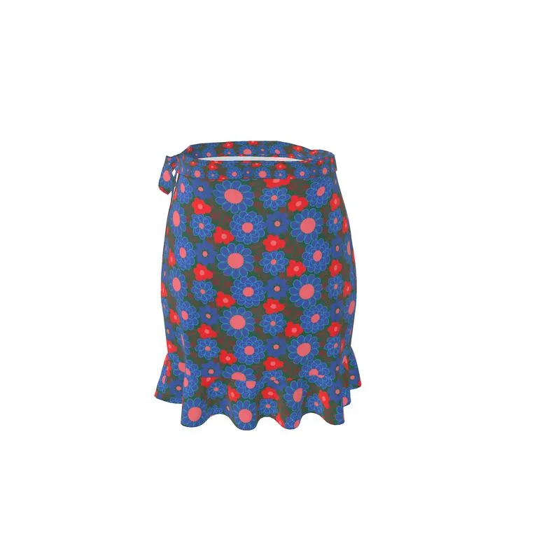 Floral Red buds on green wrap skirt
