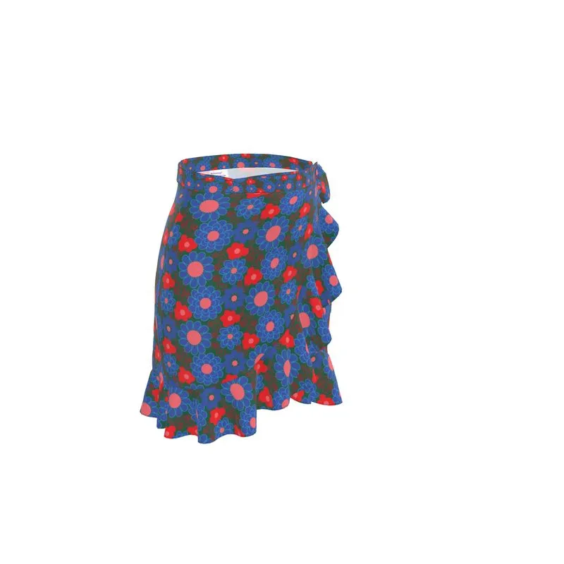 Floral Red buds on green wrap skirt
