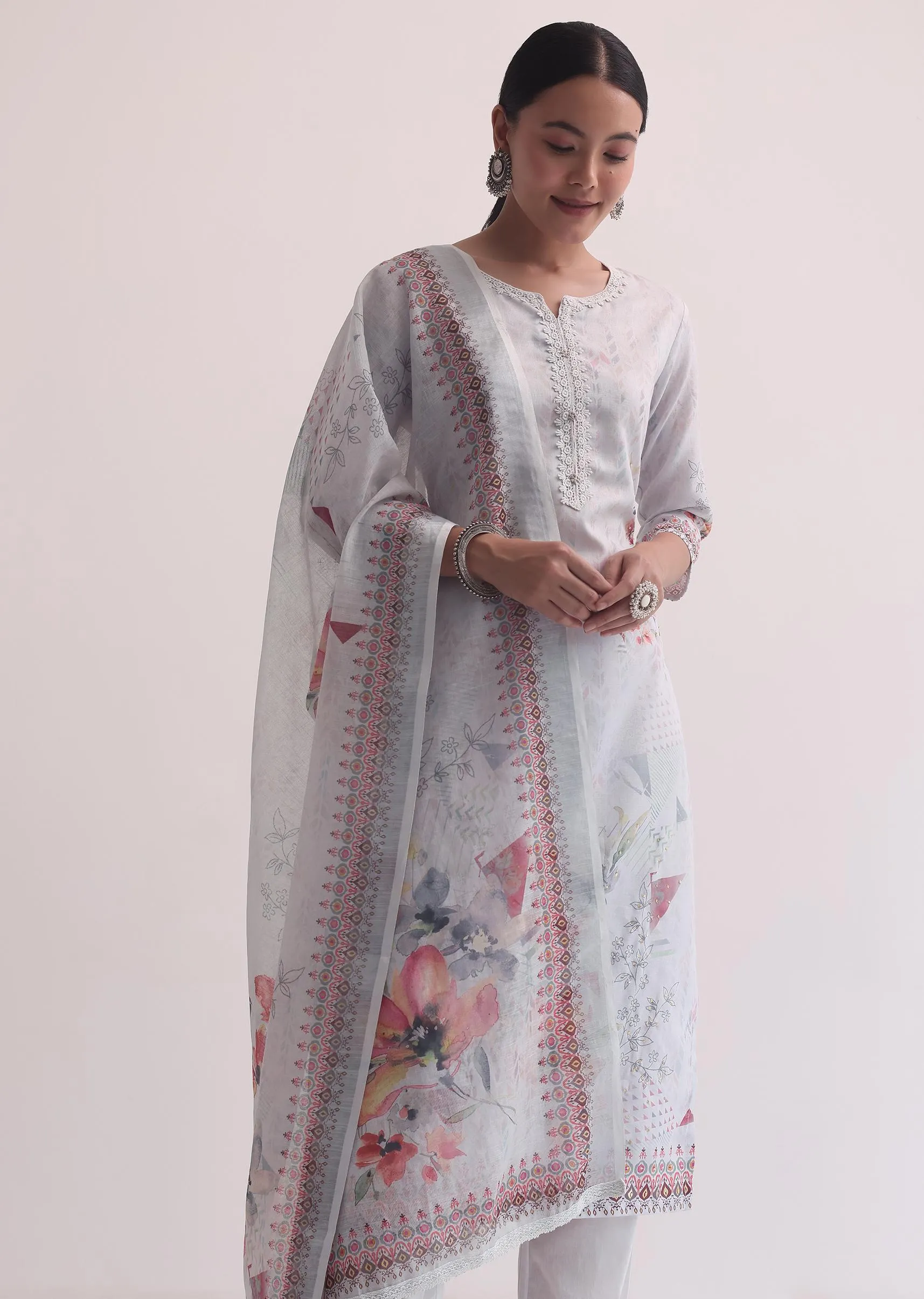 Grey Linen Floral Print Kurti Pant Set With Pearls