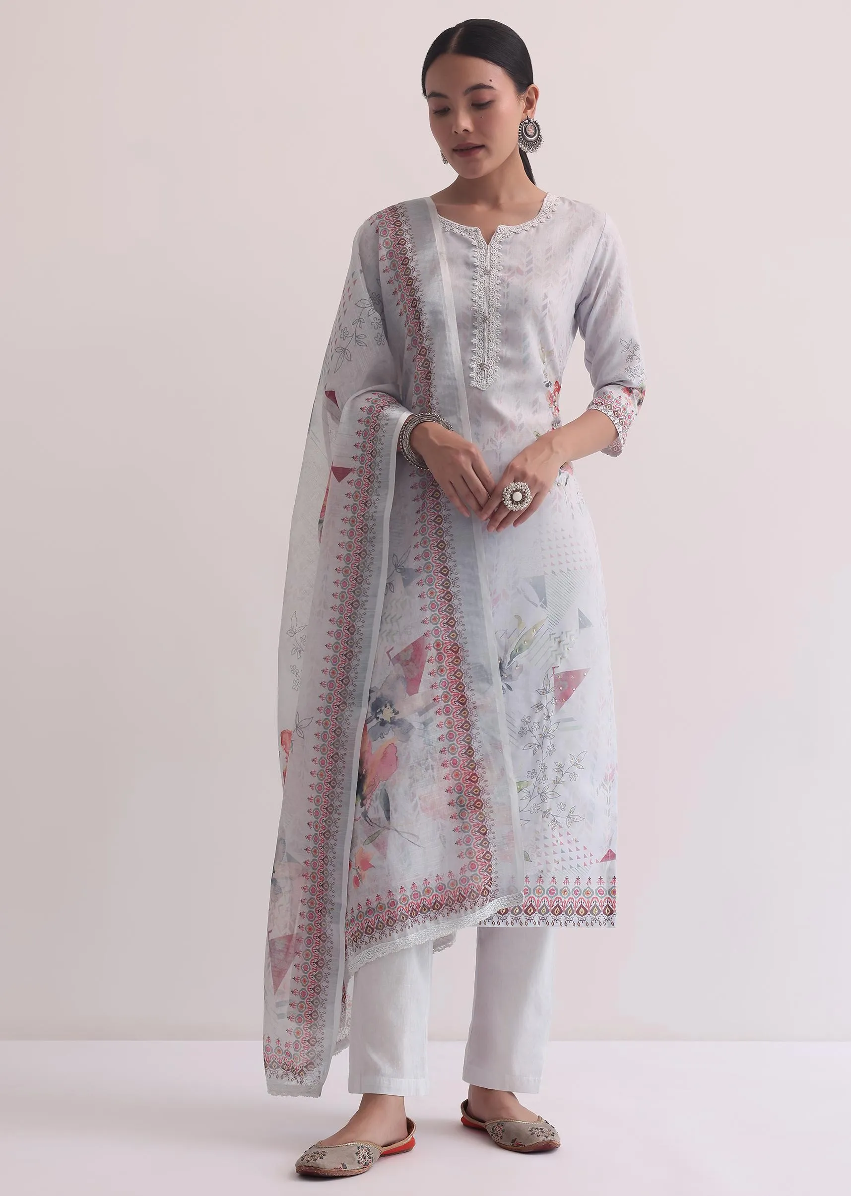 Grey Linen Floral Print Kurti Pant Set With Pearls