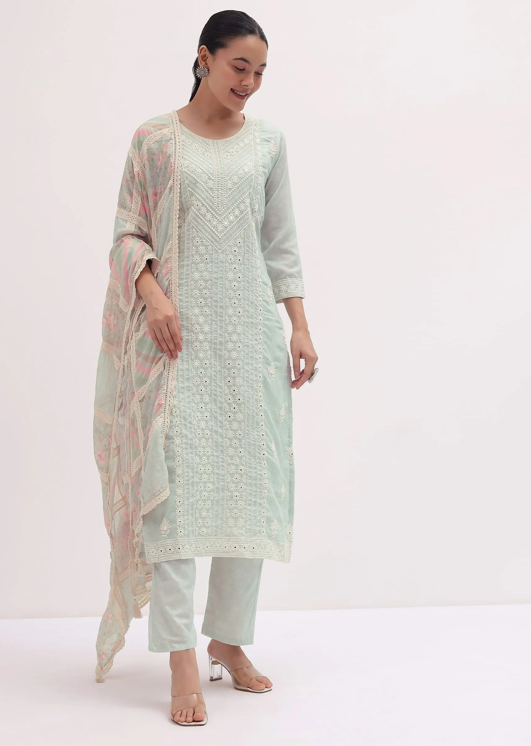 Ice Blue Embroidered Cotton Kurta Pant Set
