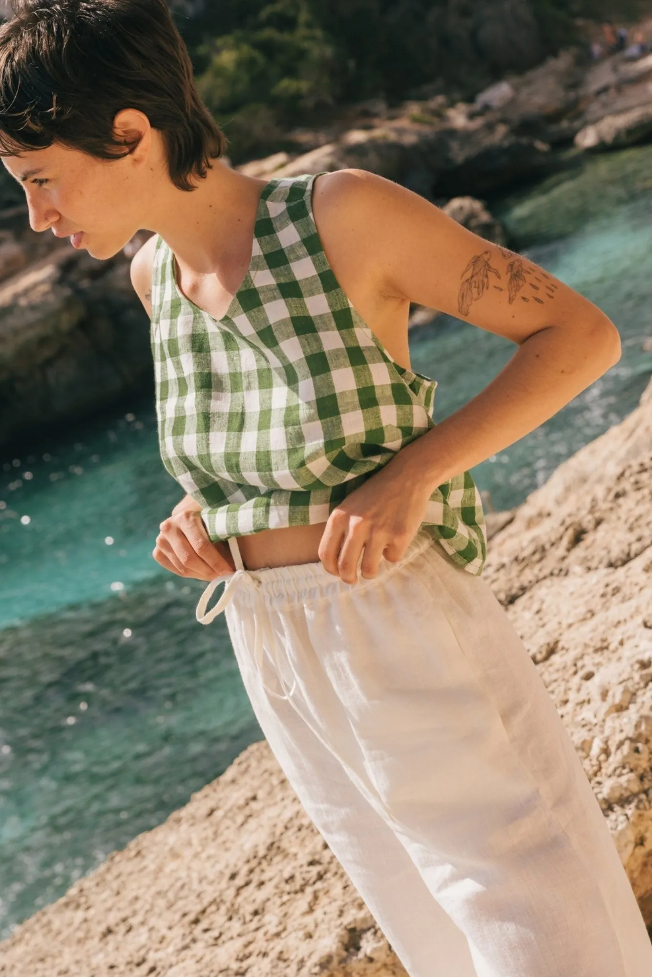 Leah Wide Linen Pants with Slits - White