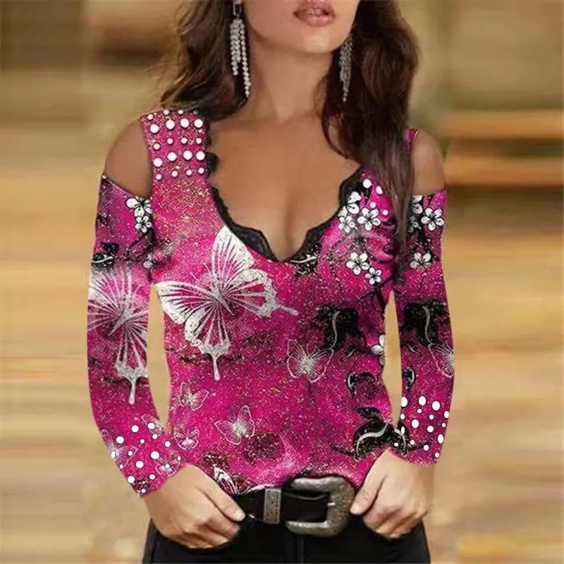 Long sleeve sexy printed V-neck lace strapless t-shirt