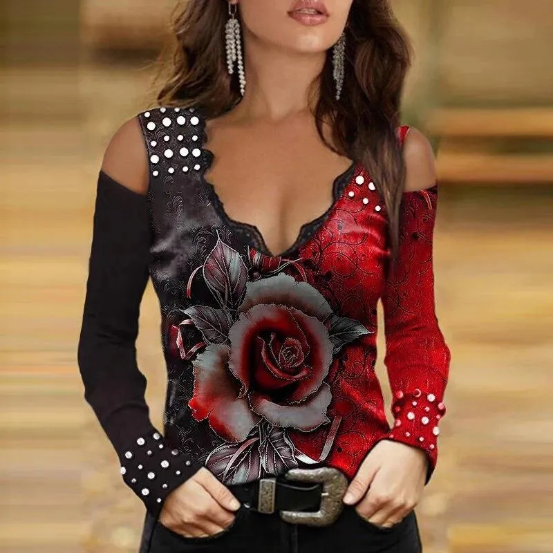 Long sleeve sexy printed V-neck lace strapless t-shirt