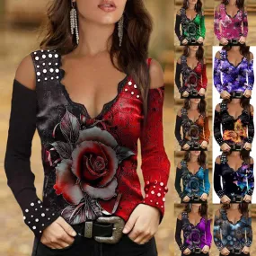 Long sleeve sexy printed V-neck lace strapless t-shirt