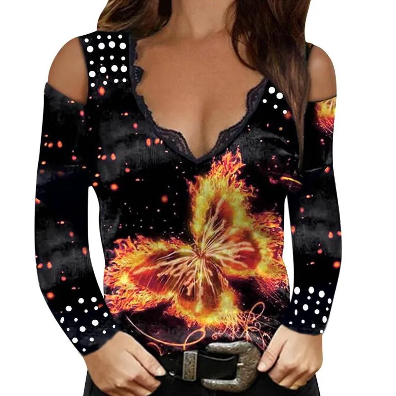 Long sleeve sexy printed V-neck lace strapless t-shirt