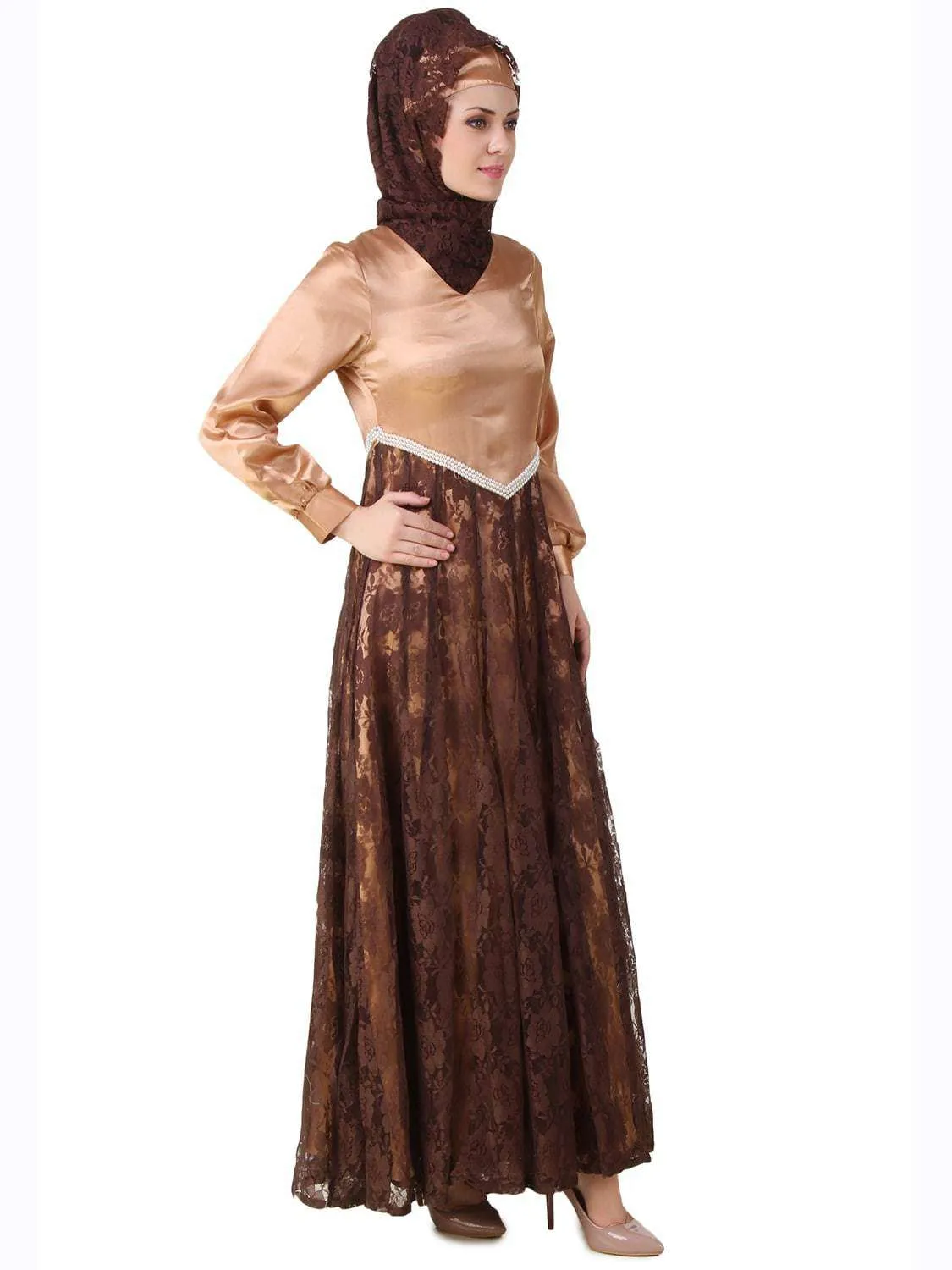 Mahrosh Copper Satin & Brown Flower Net Abaya