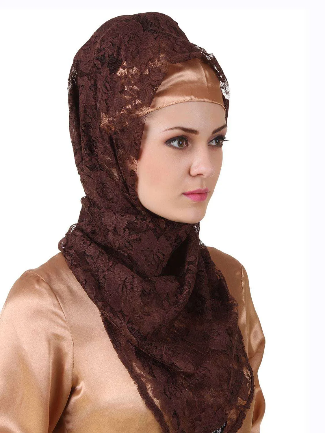 Mahrosh Copper Satin & Brown Flower Net Abaya
