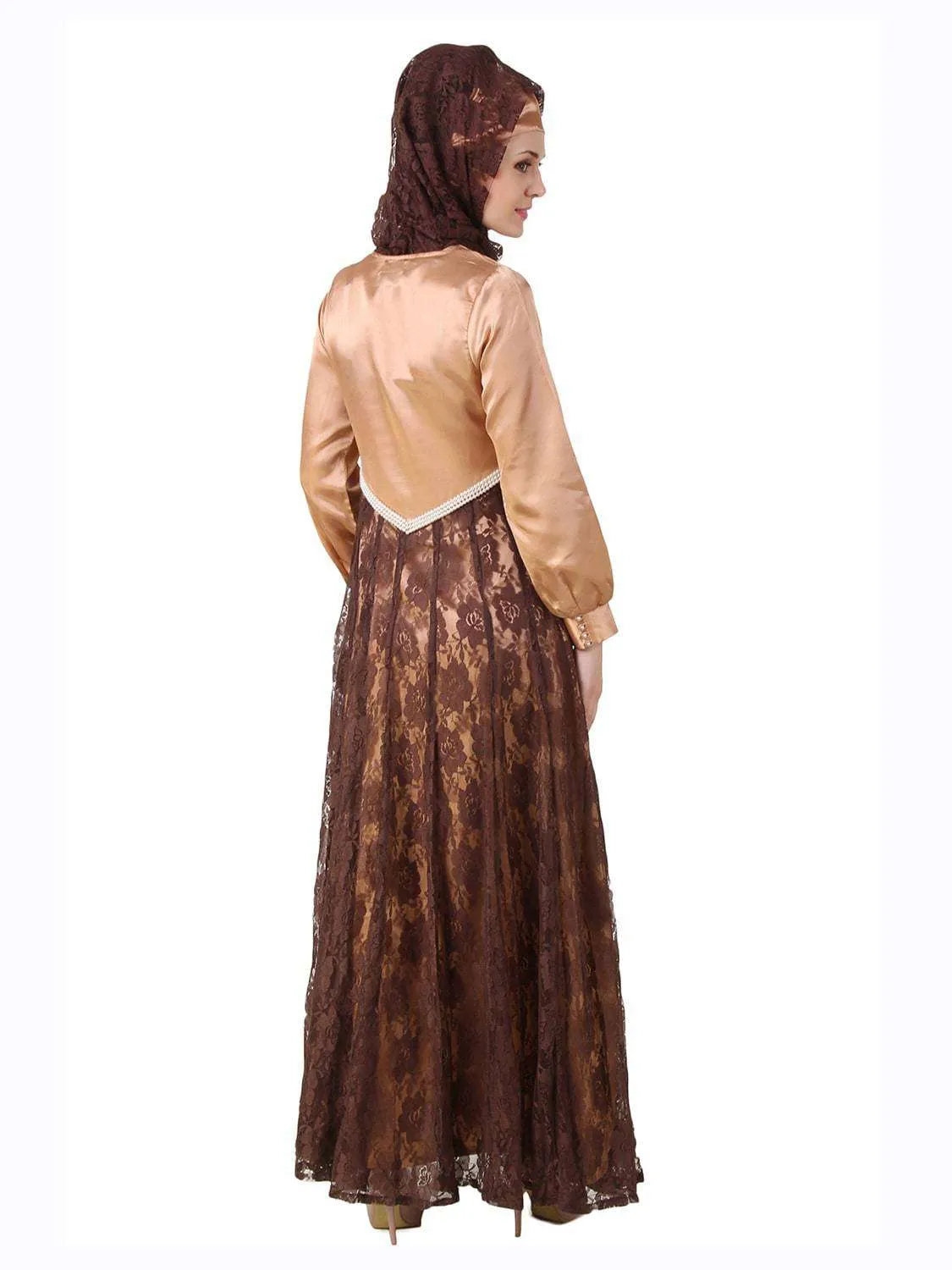 Mahrosh Copper Satin & Brown Flower Net Abaya