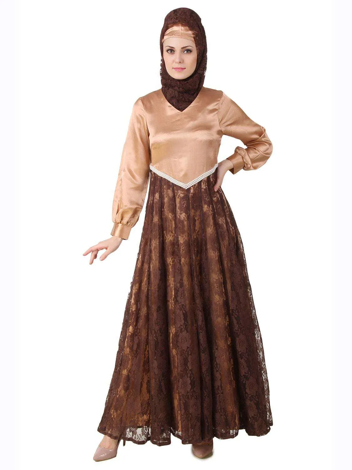 Mahrosh Copper Satin & Brown Flower Net Abaya