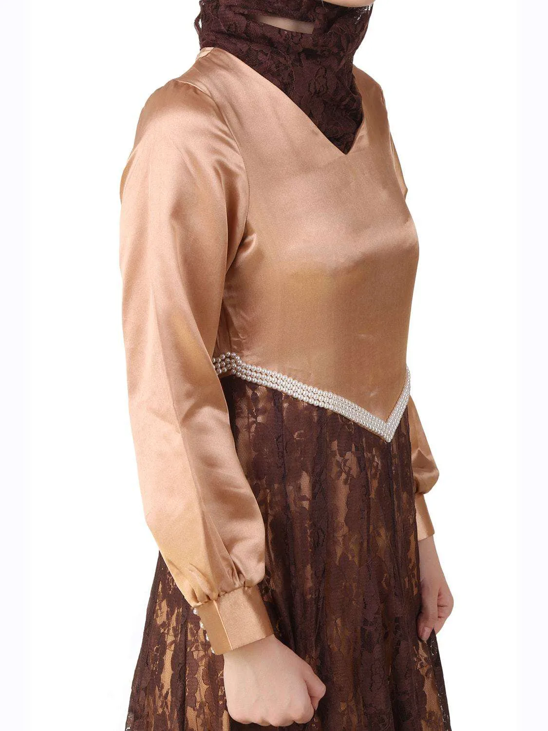 Mahrosh Copper Satin & Brown Flower Net Abaya