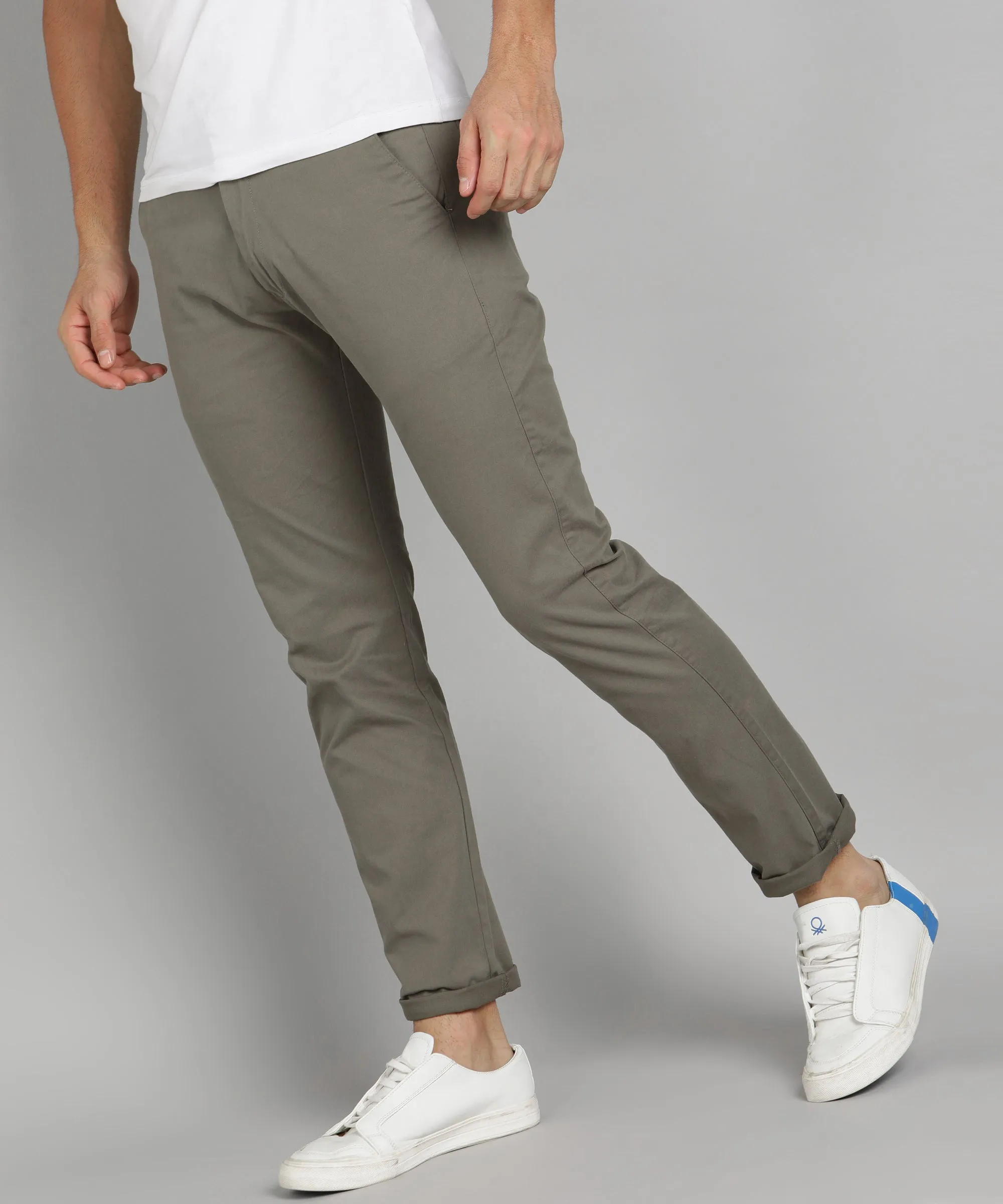 Men's Grey Cotton Slim Fit Casual Chinos Trousers Stretch