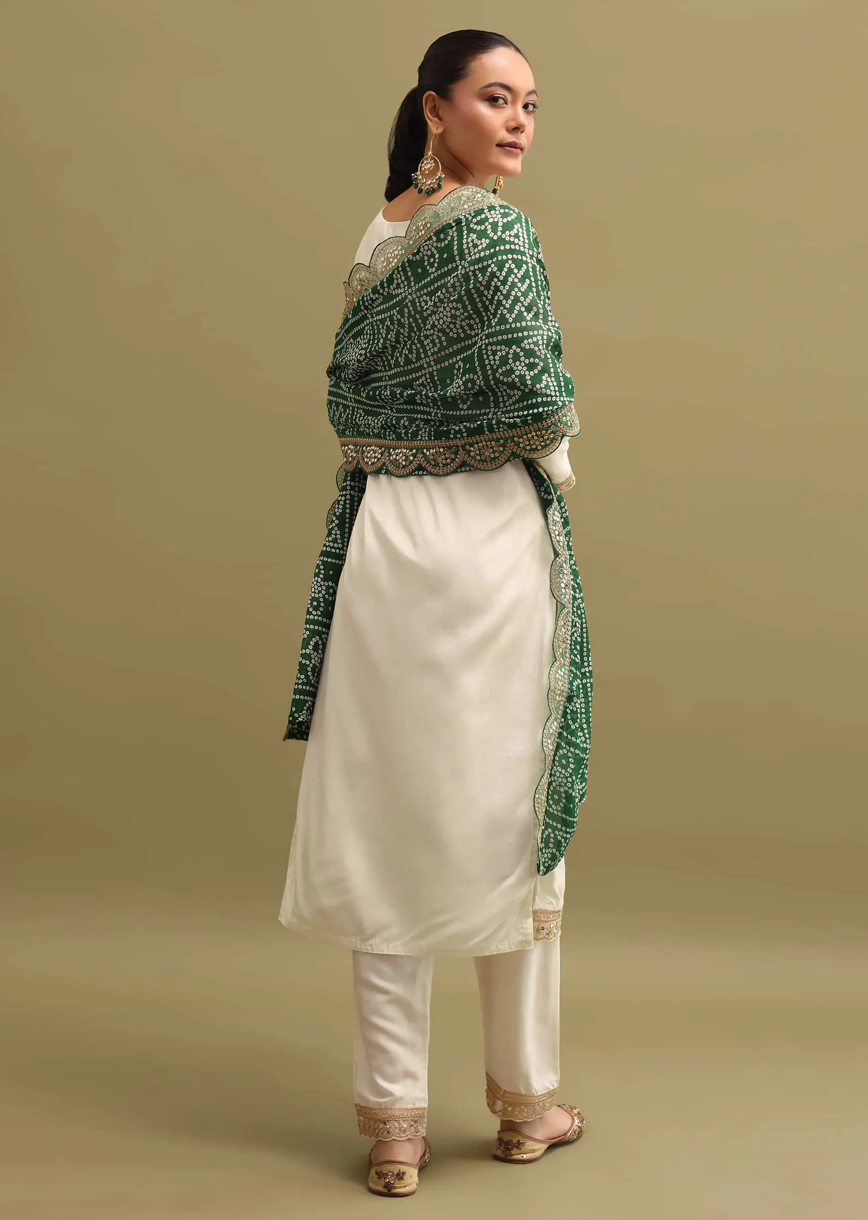 Off White And Green Cotton Silk Kurta Set With Dupatta