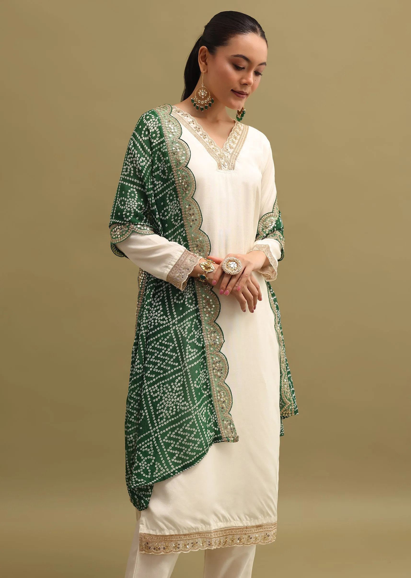 Off White And Green Cotton Silk Kurta Set With Dupatta