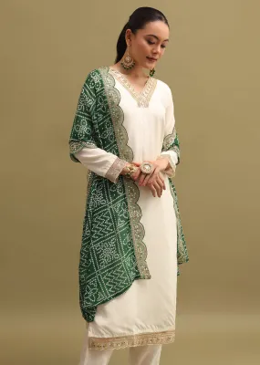 Off White And Green Cotton Silk Kurta Set With Dupatta