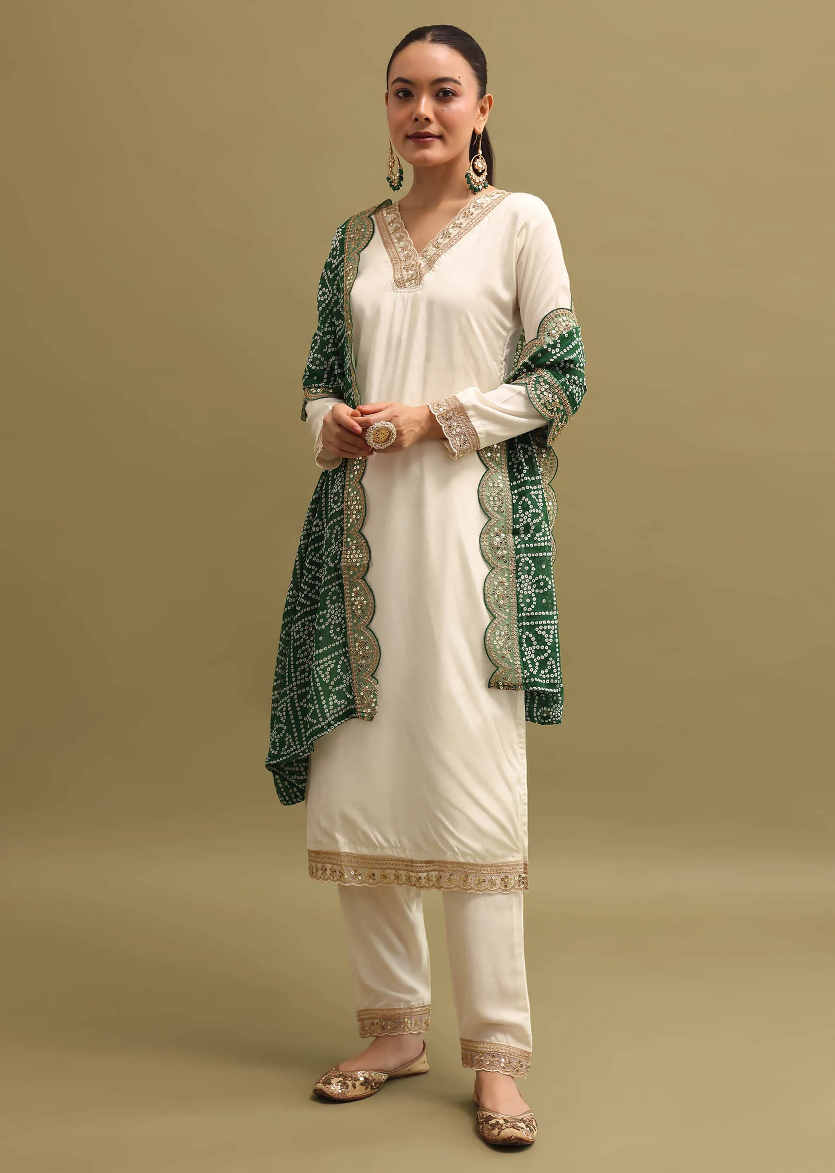 Off White And Green Cotton Silk Kurta Set With Dupatta