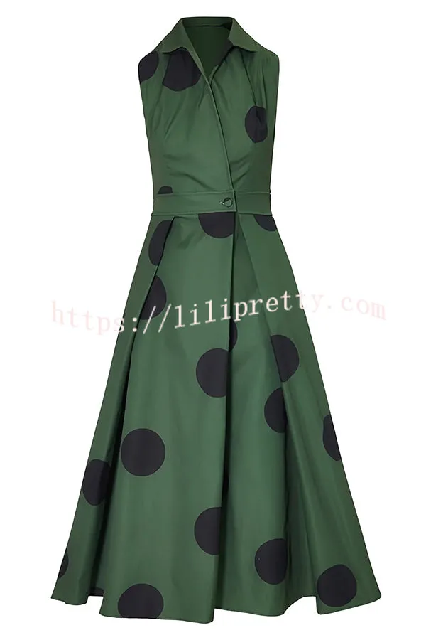 Polka Dot Print Shirt Pocketed Umbrella Maxi Dress