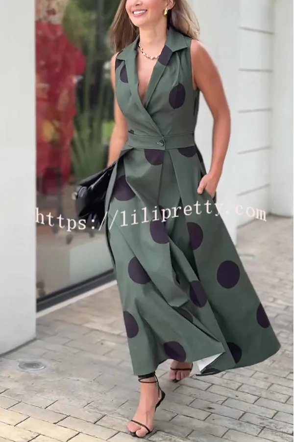 Polka Dot Print Shirt Pocketed Umbrella Maxi Dress