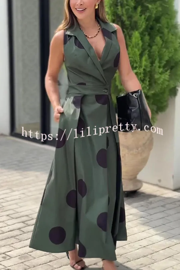 Polka Dot Print Shirt Pocketed Umbrella Maxi Dress