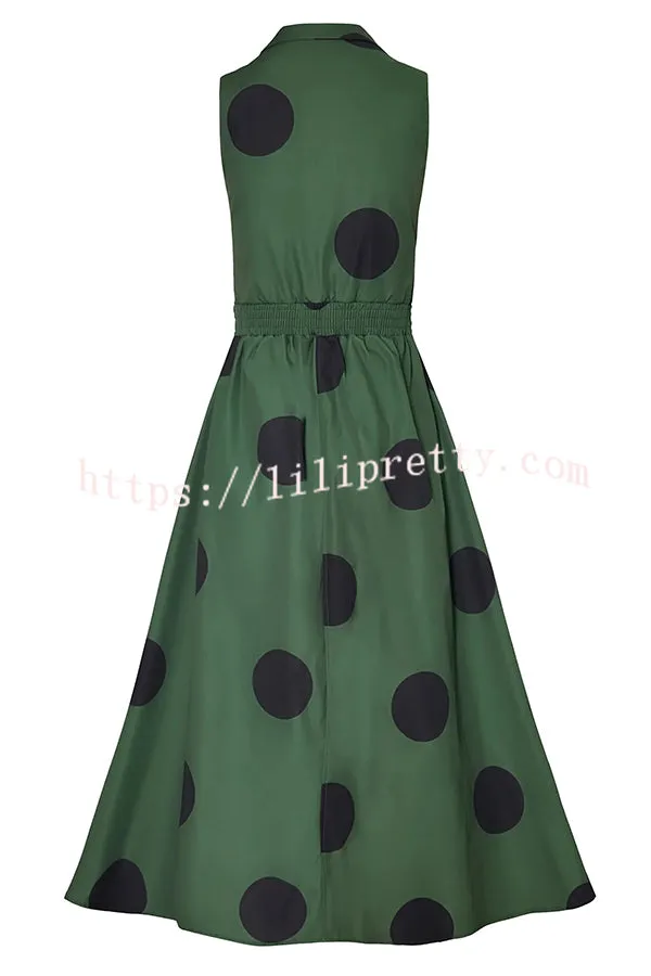 Polka Dot Print Shirt Pocketed Umbrella Maxi Dress