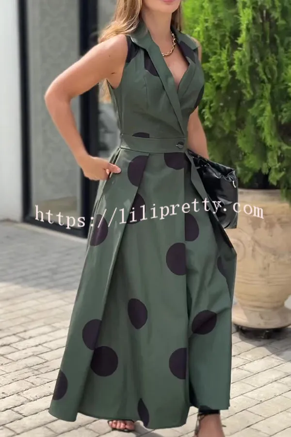 Polka Dot Print Shirt Pocketed Umbrella Maxi Dress