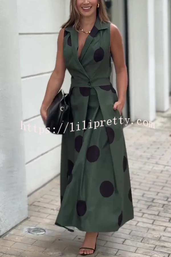 Polka Dot Print Shirt Pocketed Umbrella Maxi Dress