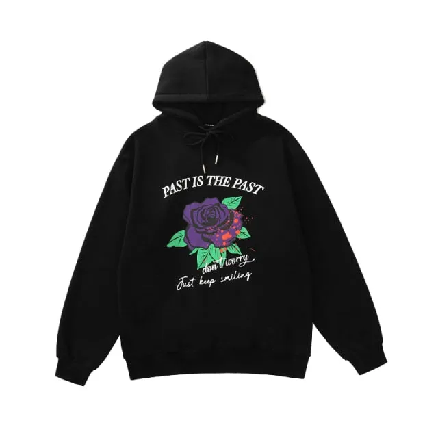 Rose Print Retro Fleece Hoodie