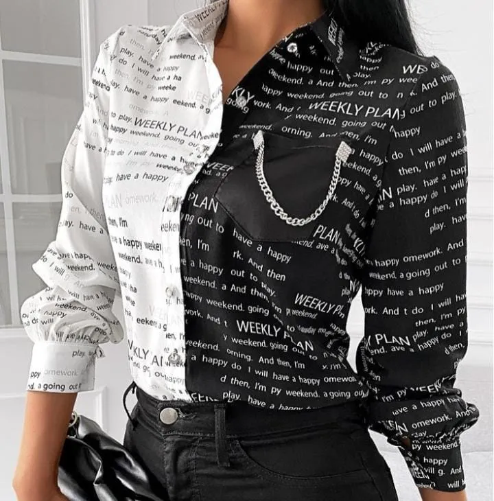 Slim Chiffon Printed Letter Long Sleeve Shirt Top   S3929928