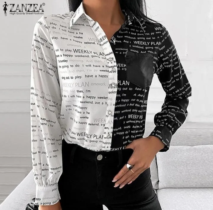 Slim Chiffon Printed Letter Long Sleeve Shirt Top   S3929928