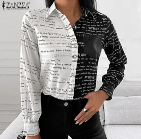 Slim Chiffon Printed Letter Long Sleeve Shirt Top   S3929928