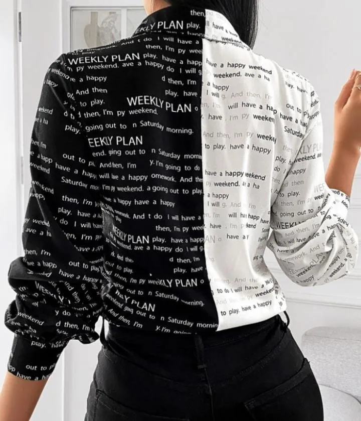 Slim Chiffon Printed Letter Long Sleeve Shirt Top   S3929928