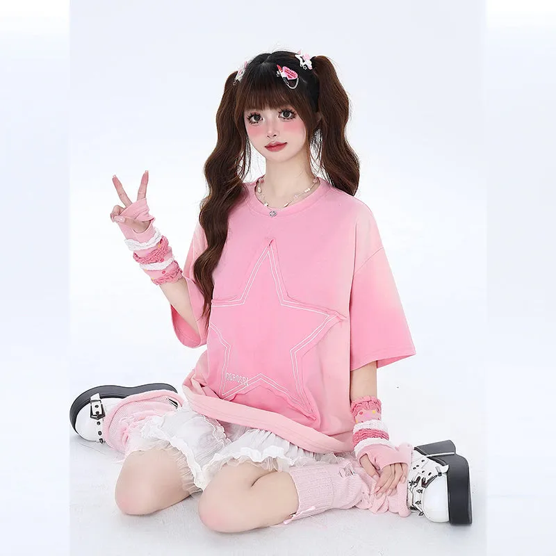 Sweet Soft Girl Style Pink All-match Round Neck T-shirt
