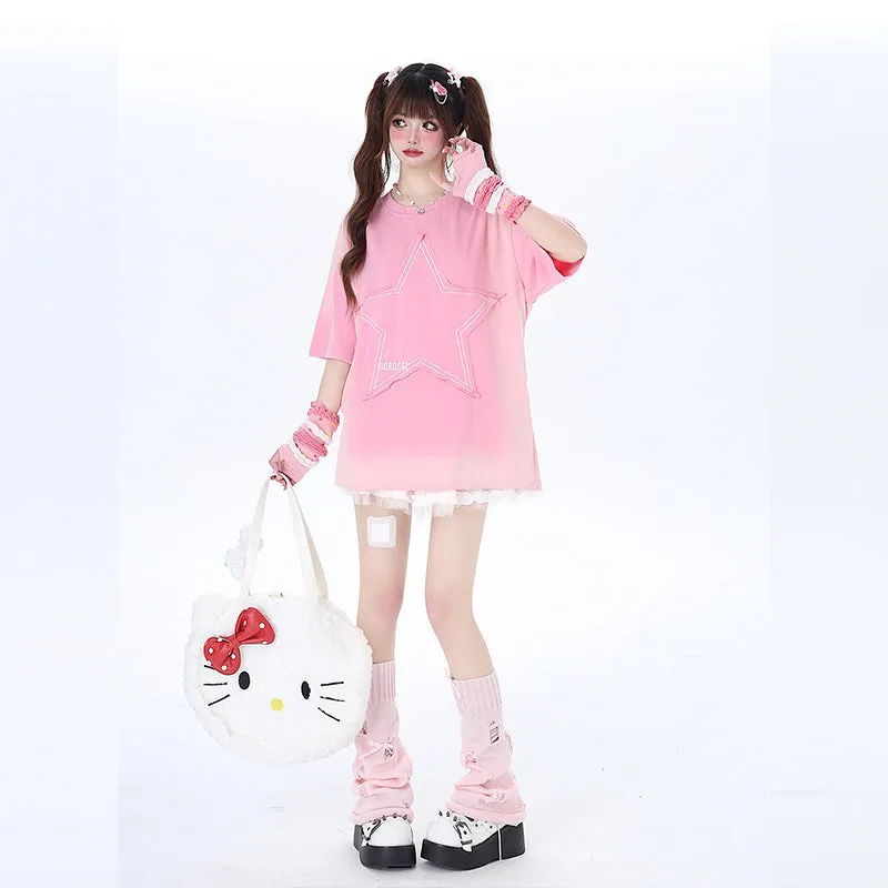 Sweet Soft Girl Style Pink All-match Round Neck T-shirt