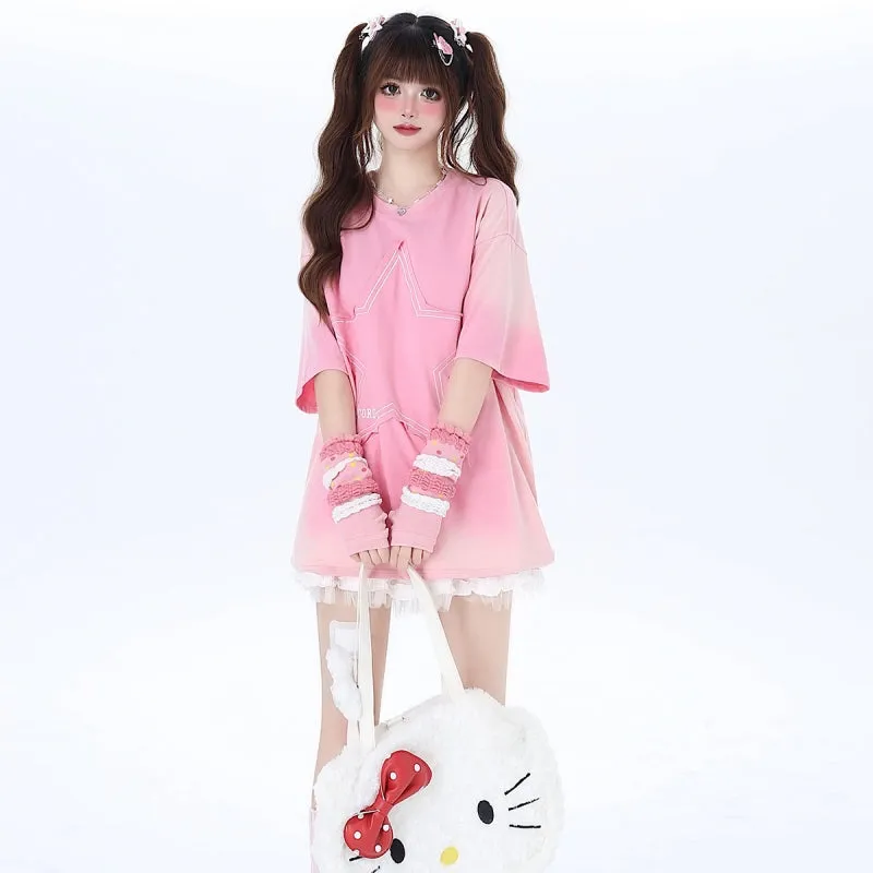 Sweet Soft Girl Style Pink All-match Round Neck T-shirt