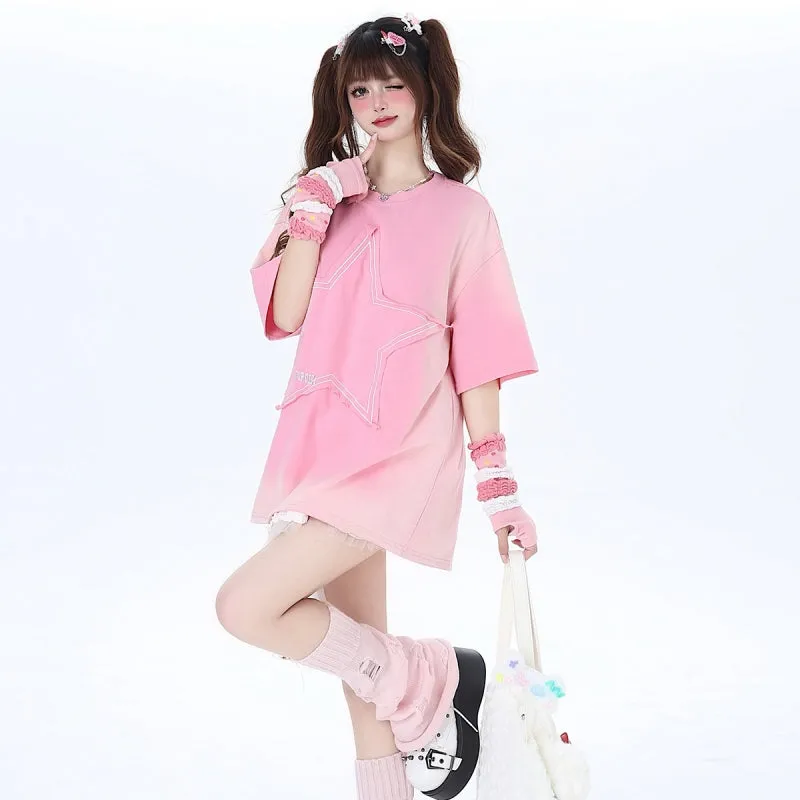 Sweet Soft Girl Style Pink All-match Round Neck T-shirt