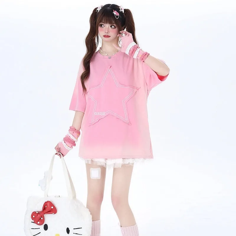 Sweet Soft Girl Style Pink All-match Round Neck T-shirt