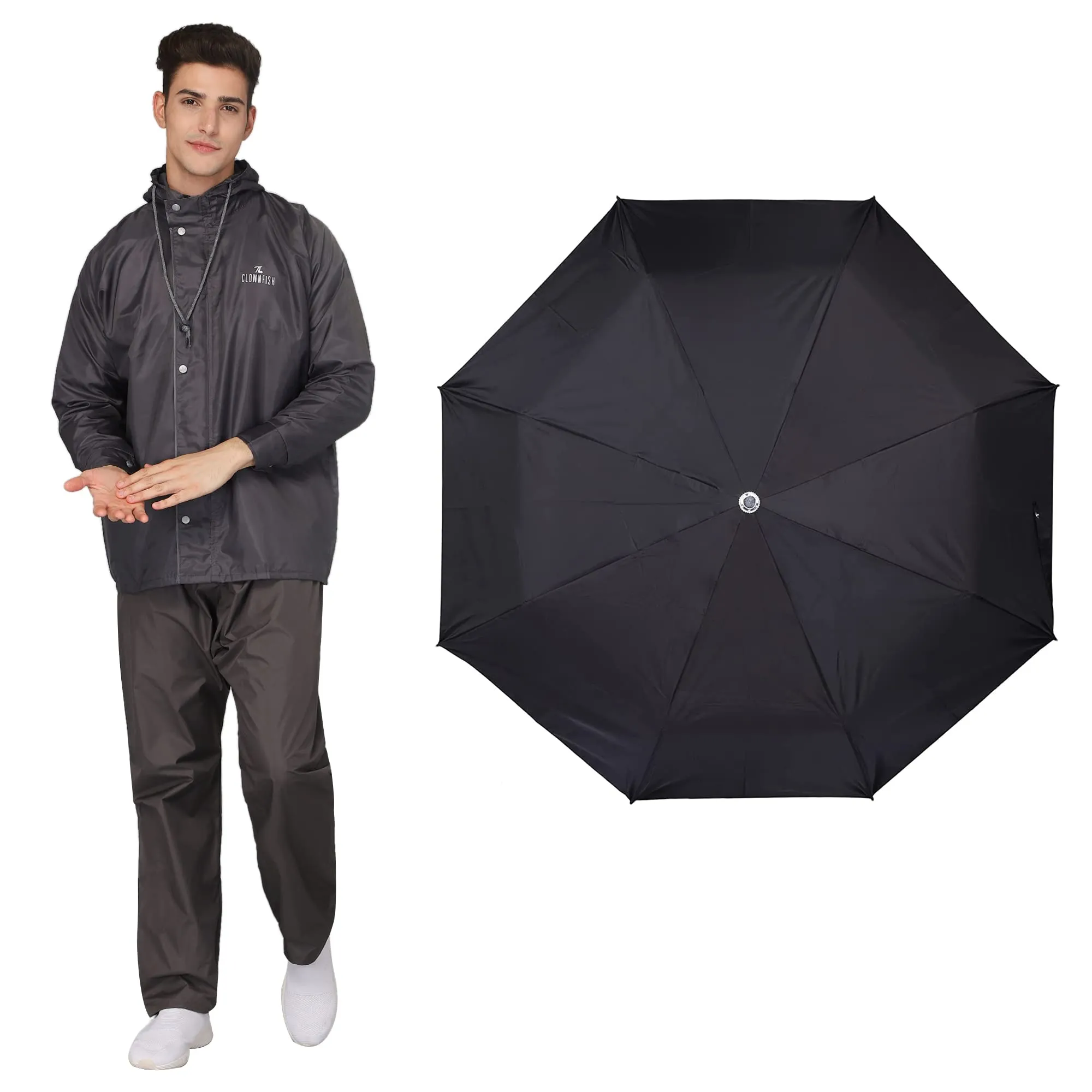 THE CLOWNFISH Combo Of Rain Coat for Men Waterproof Polyester (Grey 3XL) Umbrella Savior Series 3 Fold Waterproof Polyester (Black)