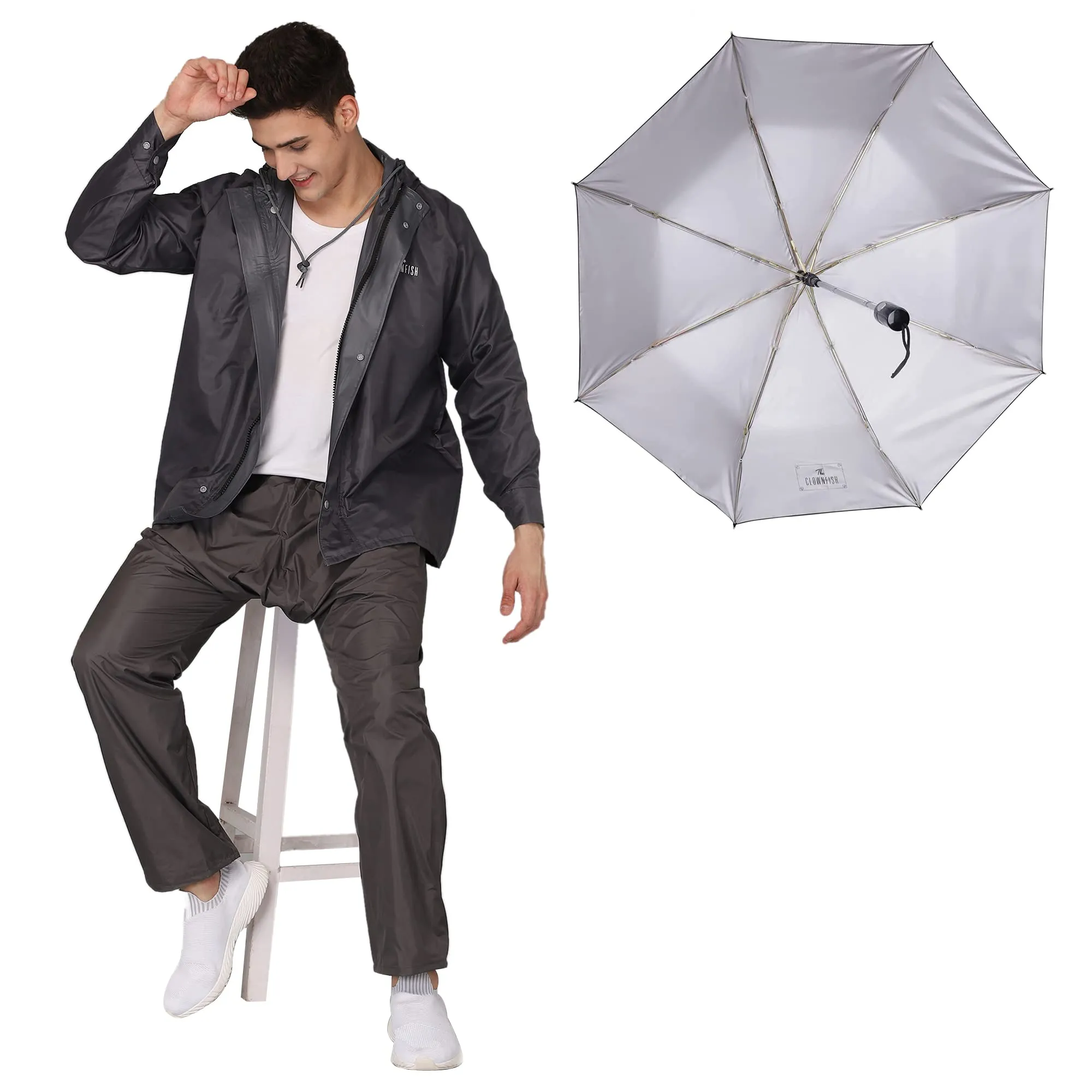 THE CLOWNFISH Combo Of Rain Coat for Men Waterproof Polyester (Grey 3XL) Umbrella Savior Series 3 Fold Waterproof Polyester (Black)