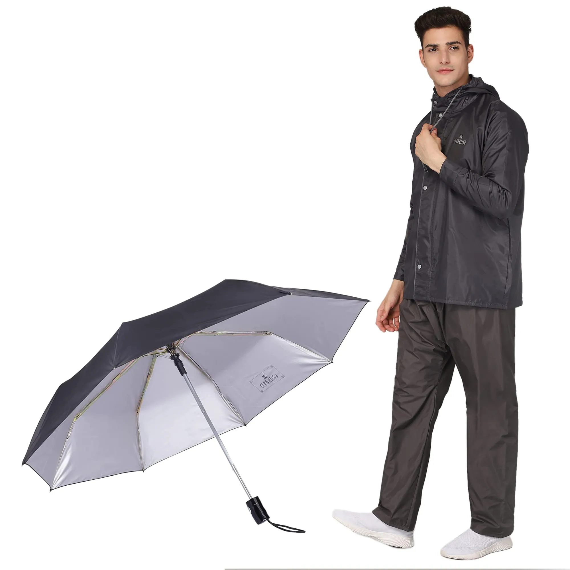 THE CLOWNFISH Combo Of Rain Coat for Men Waterproof Polyester (Grey 3XL) Umbrella Savior Series 3 Fold Waterproof Polyester (Black)