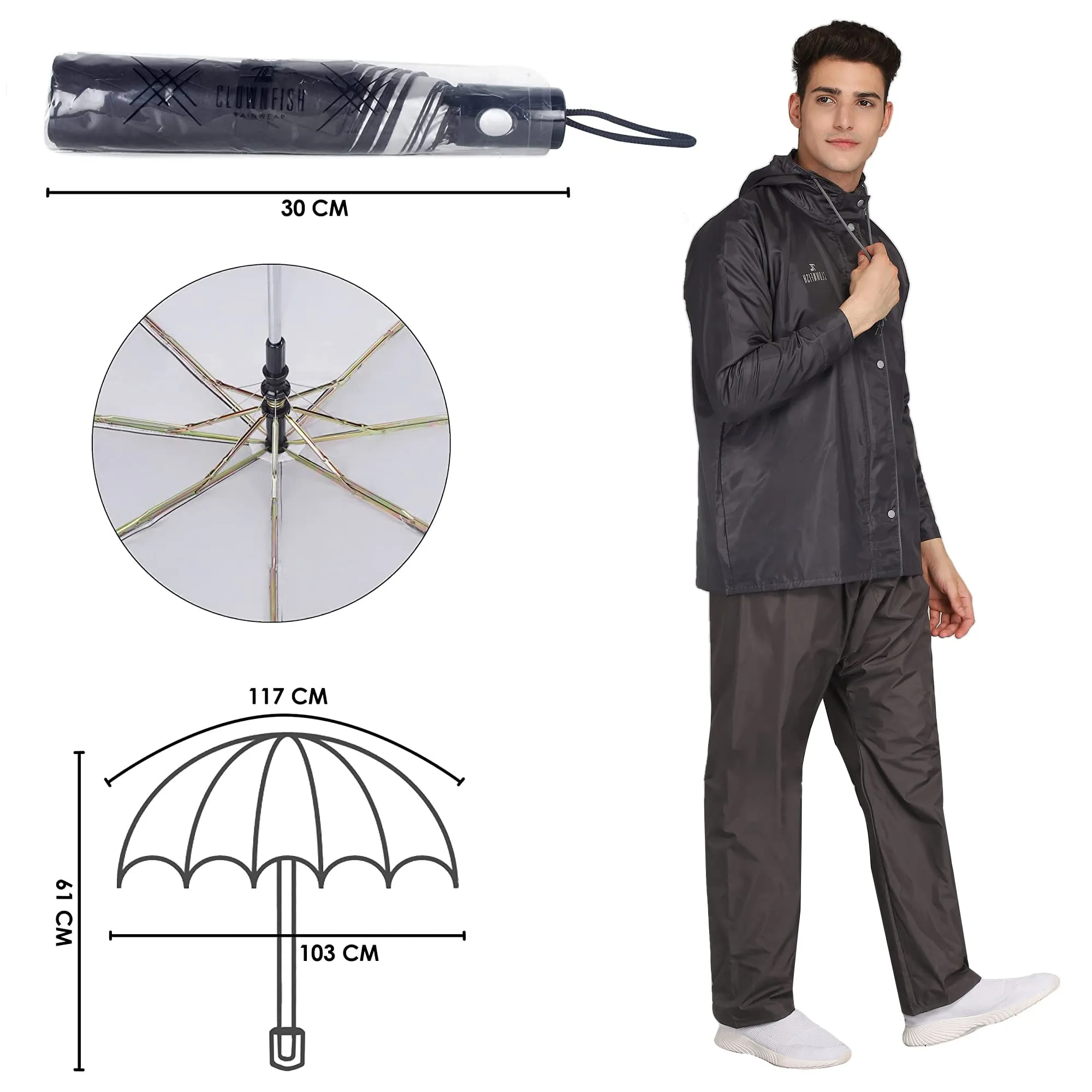 THE CLOWNFISH Combo Of Rain Coat for Men Waterproof Polyester (Grey 3XL) Umbrella Savior Series 3 Fold Waterproof Polyester (Black)