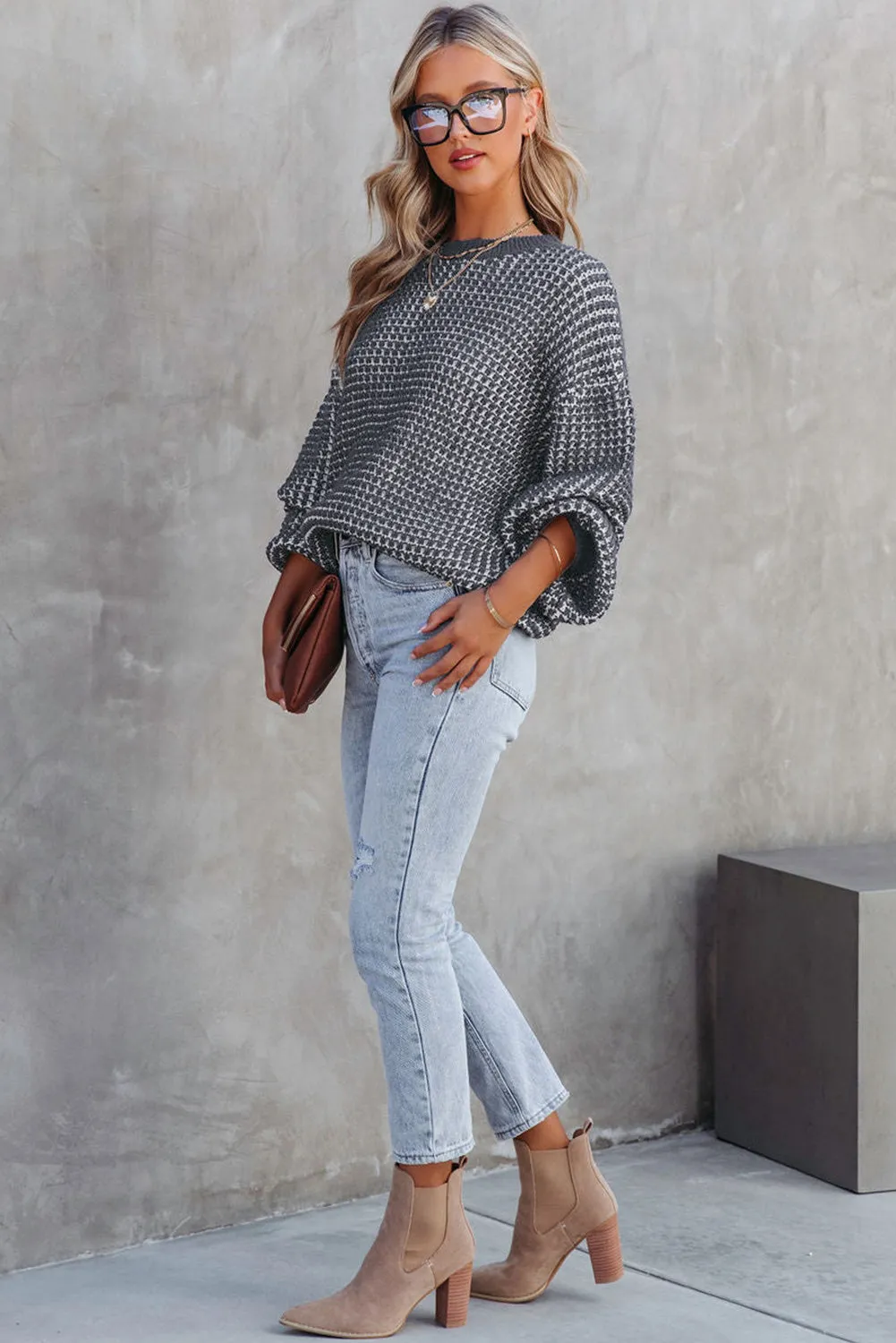 Threaded Pear Marley Heather Knit Drop Shoulder Puff Sleeve Sweater