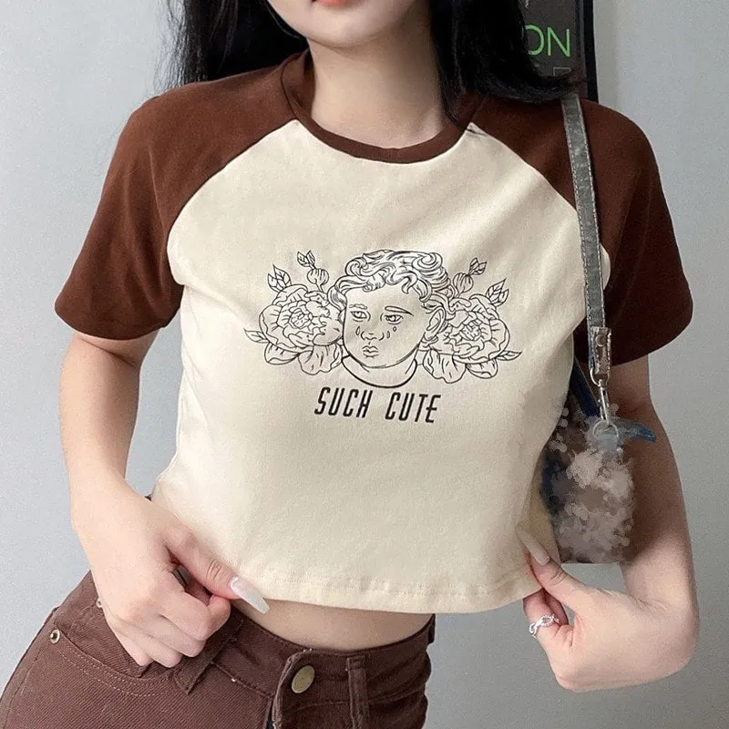 Vintage Angel Print Round Collar Short T-shirt