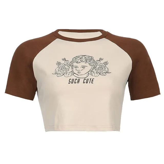 Vintage Angel Print Round Collar Short T-shirt