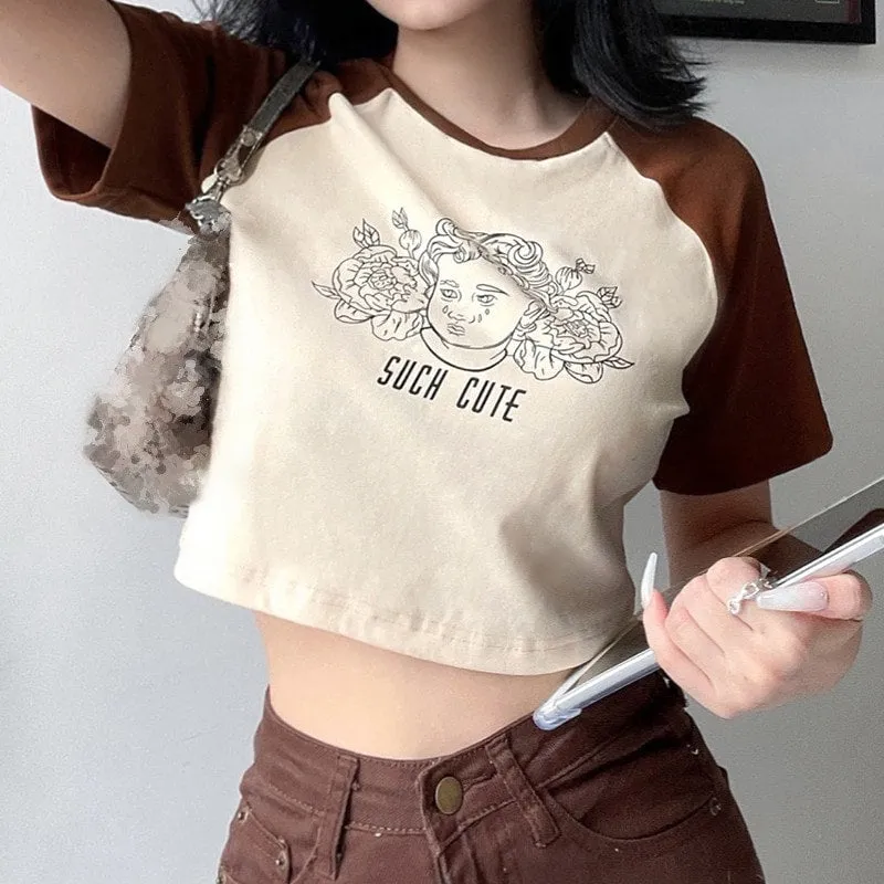 Vintage Angel Print Round Collar Short T-shirt