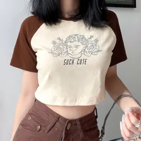 Vintage Angel Print Round Collar Short T-shirt