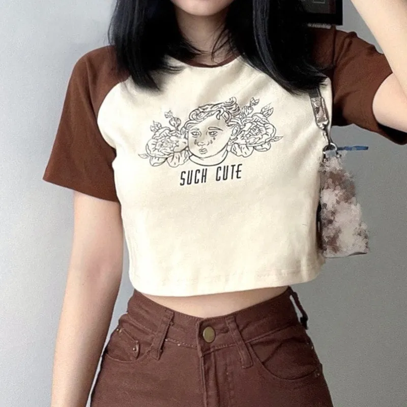 Vintage Angel Print Round Collar Short T-shirt